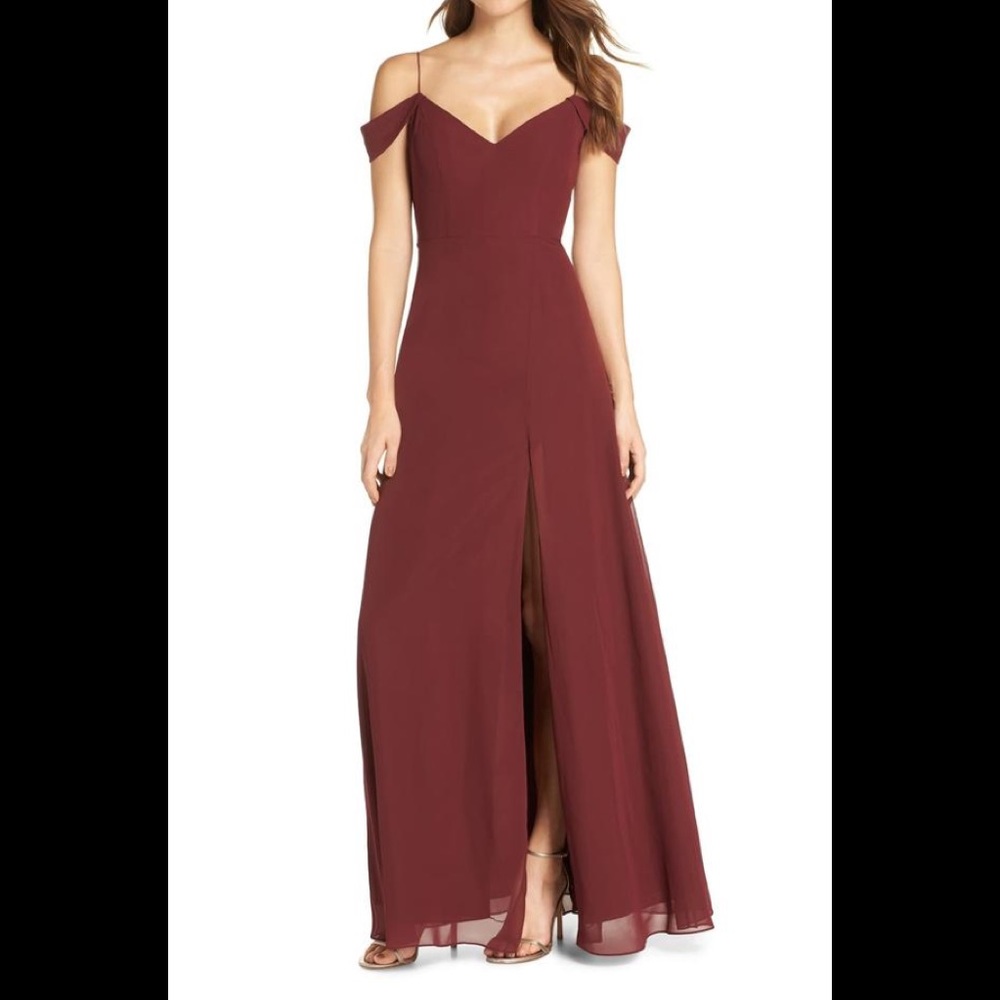 Jenny Yoo Priya Cold Shoulder Chiffon Gown Hibiscus